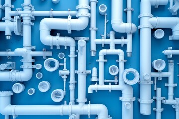 White plumbing pipes and connections blueprint on blue background Generative AI