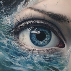 Closeup of huge eyeball surrounded by ocean water. Generative AI