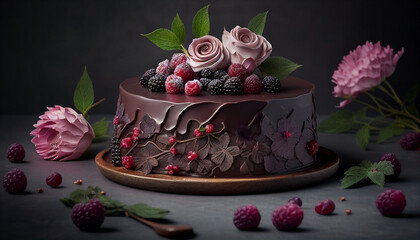 Obraz na płótnie Canvas Chocolate cake with rose petals, Cake with a chocolate raspberry cream and flowers on a grey background, Generative AI