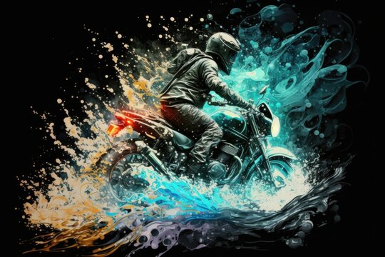 Motorcycle rider on a motorcycle in the paint splashes on a black background