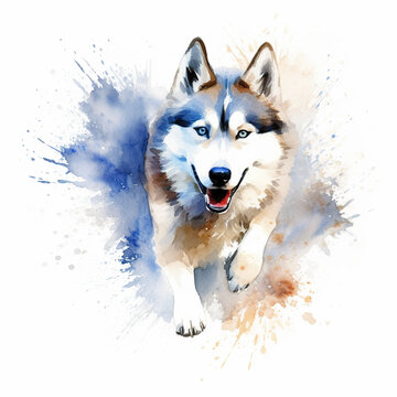 A watercolor painting of a husky dog with blue eyes. Generative AI.