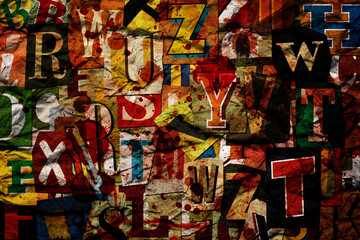 Ransom Letters Texture. Paper Cut-out letters background. Grunge style artwork texture. Crumpled Paper effect. Blackmail Anonymous criminal concept