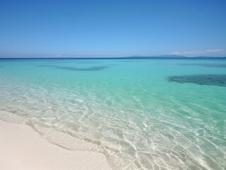 In this photo, there is a beautiful beach with clean sand and crystal-clear sea. Generative AI