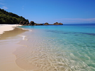 Obraz premium In this photo, there is a beautiful beach with clean sand and crystal-clear sea. Generative AI