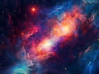 Fototapeta premium Vibrant celestial nebula of galaxies. Sparkling nocturnal cosmos. Scientific exploration of the universe through astronomy. Supernova-themed backdrop for wallpaper. Generative AI