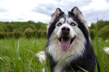 A black and white dog of the Siberian Husky breed lies on a green summer lawn among grass and flowers. The dog is man's friend and companion.