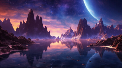 Extraterrestrial realm adorned with towering peaks, a serene body of water, and luminescent celestial orbs. Celestial scenery in the vastness of the cosmos. Barren planet amidst th Generative AI