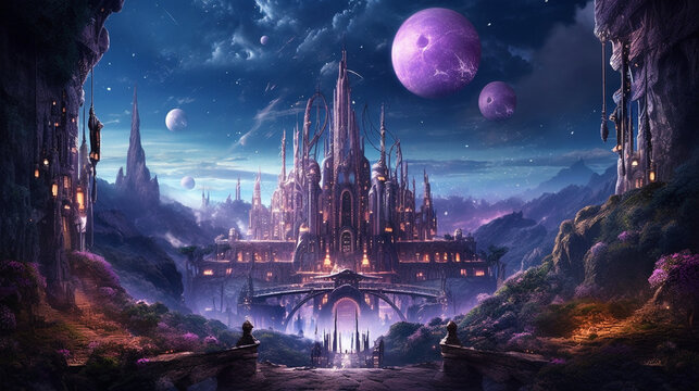 Futuristic extraterrestrial world scenery featuring a violet nocturnal firmament adorned with multiple moons and twinkling celestial bodies. Enigmatic otherworldly flora and an opu Generative AI