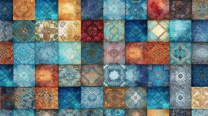 Vibrantly patterned abstract tiles backdrop. Traditional Moroccan textile with intricate designs. Ornamental wall covering. Generative AI