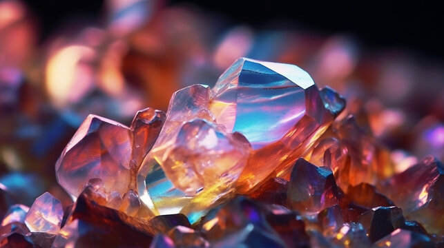 Vibrant iridescent Opal gem with a spectrum of colors. Macro shot of a shimmering crystalline fire stone. Textured backdrop of the gem's captivating hues. Generative AI
