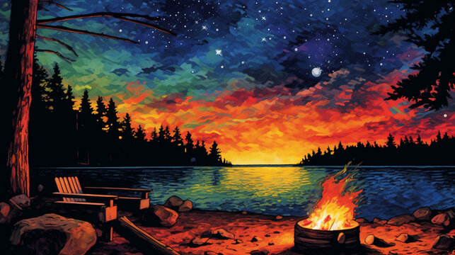 Radiant campfire beside the tranquil lakeshore. Dusk painting the sky with vibrant hues, while the dancing flames illuminate the surrounding logs. Beachside camping under the night Generative AI