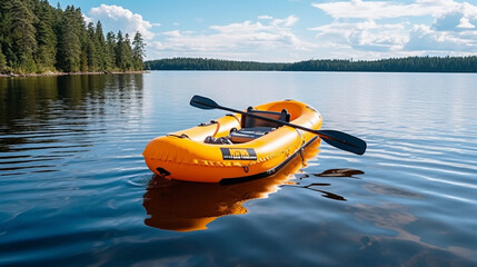An inflatable watercraft with a paddle on a body of water. Generative AI