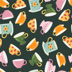 Tea or coffee cups vector seamless pattern. Ceramic crockery theme. Cartoon mugs Kitchen background