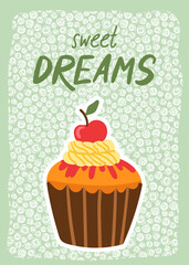 Greeting card template with Cute cartoon cupcake for birthday, valentines day, scrapbook or bakery design postcard, poster or banner