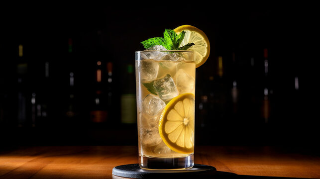 A concoction of chilled ginger ale with a hint of citrusy tang from fresh lemon, served over ice Generative AI