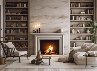 Wicker baskets with firewood and white fireplace in cozy living room. Created with Generative AI technology.