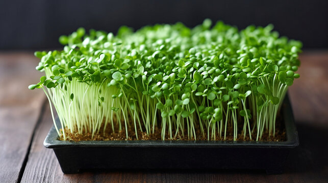 Green pea microgreen shoots arranged on a sleek black wooden tabletop. Generative AI