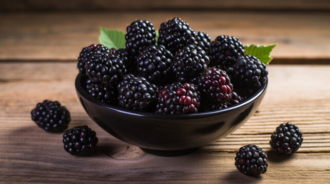 Ripe blackberries arranged on a wooden tabletop. Generative AI