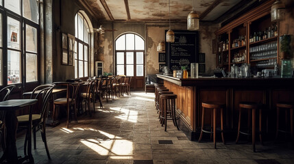 Deserted cafÃ© or bar interior during daylight hours. Generative AI
