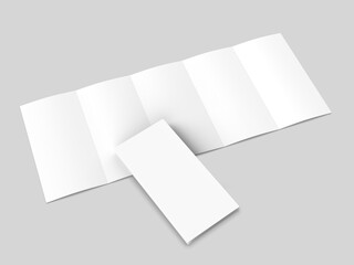 Accordion fold brochure, ten page leaflet, concertina fold. blank white 3d render illustration.