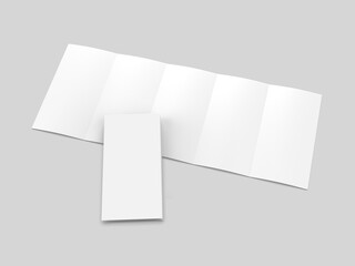 Accordion fold brochure, ten page leaflet, concertina fold. blank white 3d render illustration.