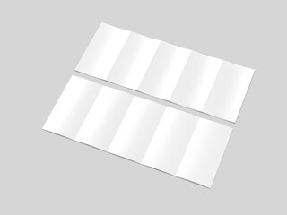 Accordion fold brochure, ten page leaflet, concertina fold. blank white 3d render illustration.