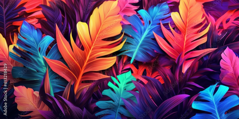 Wall mural Exotic Botanical: Vibrant Tropical Leaves in Creative Fluorescent Color Layout. Generative AI. - Wall murals