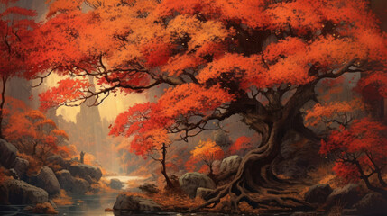 Serene Autumn: Vintage Japanese Painting of Maple Tree. Generative AI.