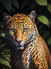 Close-up portrait of a jaguar wearing a bandana, posing on a Savannah. Generative AI