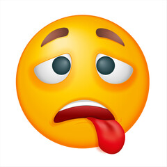 Tired emoji, overworked on white background. Vector exhausted emoji. Yellow face. Cute emoticon.