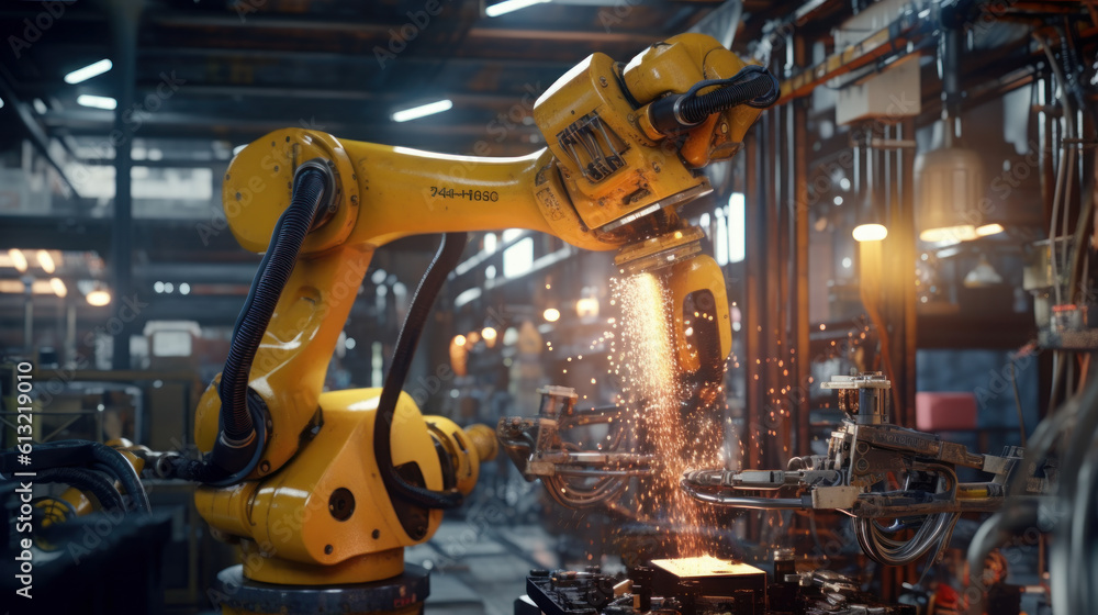 Aufkleber technology in motion: industrial robot arm in action. generative ai.