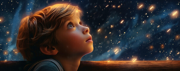 Nighttime Wonder: Boy's Dream of the Starry Sky. Generative AI.