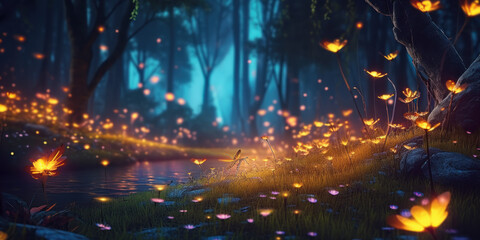 Dreamy Firefly Field: Enchanted Glow in an Ethereal Landscape. Generative AI.