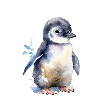 portrait little cute penguin baby in watercolor isolated against transparent background