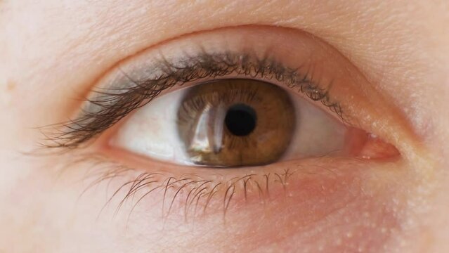 The woman's eyeball looks at the camera for a long time, the window light is reflected in her brown eyes, then she closes her eye, macro