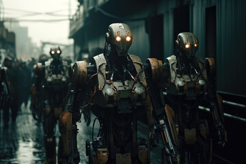 An army of law enforcement  robots in a post apocalyptic world.  Composite with different elements made with generative AI