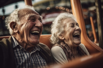 Senior couple enjoying in a roller coaster. Composite with different elements made with generative AI