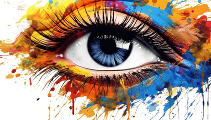 Female eye with abstract paint splashes on white background, closeup Colorful abstract paint splatter closeup of eyes with eyelashes. Pretty iris and makeup. generative AI