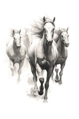 Obraz na płótnie Canvas Galloping Horses on White Background. Fast movement, wind blowing in the manes of wild beautiful mustangs. Charcoal pencil Illustration drawing on white background. generative AI