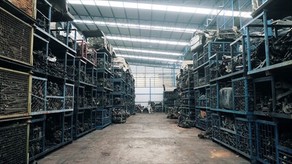 Car parts in old warehouses. Used vehicle part for recycling scrap, Automotive spare parts, Engine...