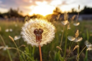 Dandelion flower in the meadow at sunset. Beautiful nature background. Dandelion on the meadow in the rays of the setting sun, Fluffy flower weed in grass field. generative AI