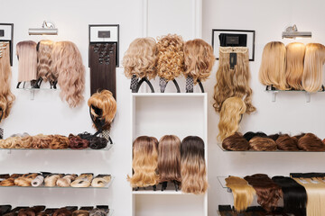 Showcase of natural looking wigs in different colors fixed on the metal wig holders in beauty...