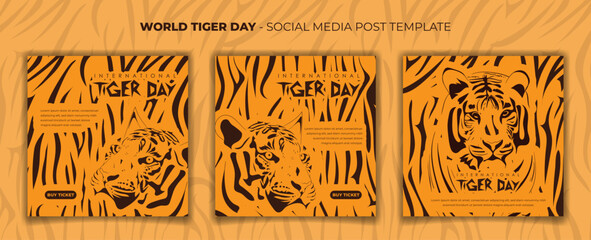 Set of social media post template with orange tiger skin background for tiger day campaign design