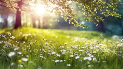 Fototapeta premium Beautiful spring landscape with blooming cherry tree and sun rays. blooming flowers and trees. Summer meadow field with grass and bokeh wallpaper landscape. generative AI