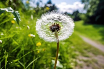 Naklejka premium Dandelion on the meadow in the rays of the setting sun, Summer dandelion seed head in the wind. Fluffy flower weed in grass field. generative AI