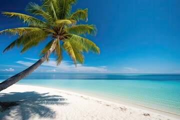 Obraz na płótnie Canvas Paradise Awaits: A Tropical Beach Vacation with Palm Trees, Sand, Sea and Sky, Generative AI