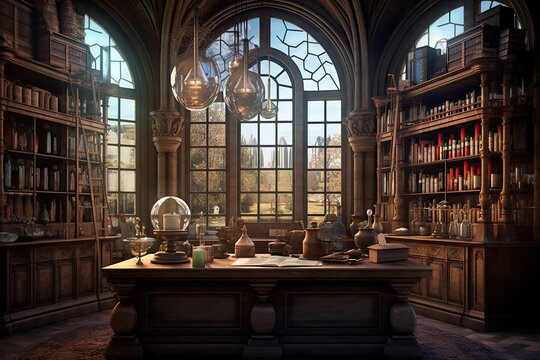 Naklejka Mysterious Alchemy Office in an Ancient Palace: Ancient Mysteries and Digital Art Awaits, Generative AI