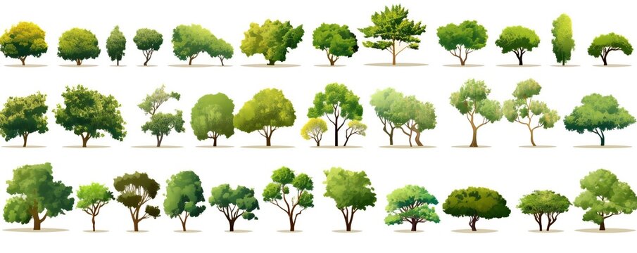 Collection of various types of trees like oak, spruce, dogwood, crape, koa, maple, willow, cherry, pine, palm on white background Generative AI