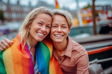 Beautiful generative ai lesbian couple in a boat in Amsterdam celebrating lgbtq+ pride with rainbow flag patterns. Pride day and month celebration of diversity and inclusion.