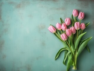 Bouquet of pink tulips on blue wooden background. Toned. Spring pink tulip bouquet on rustic weathered teal wall. copy space. Flower, floral wallpaper. generative AI